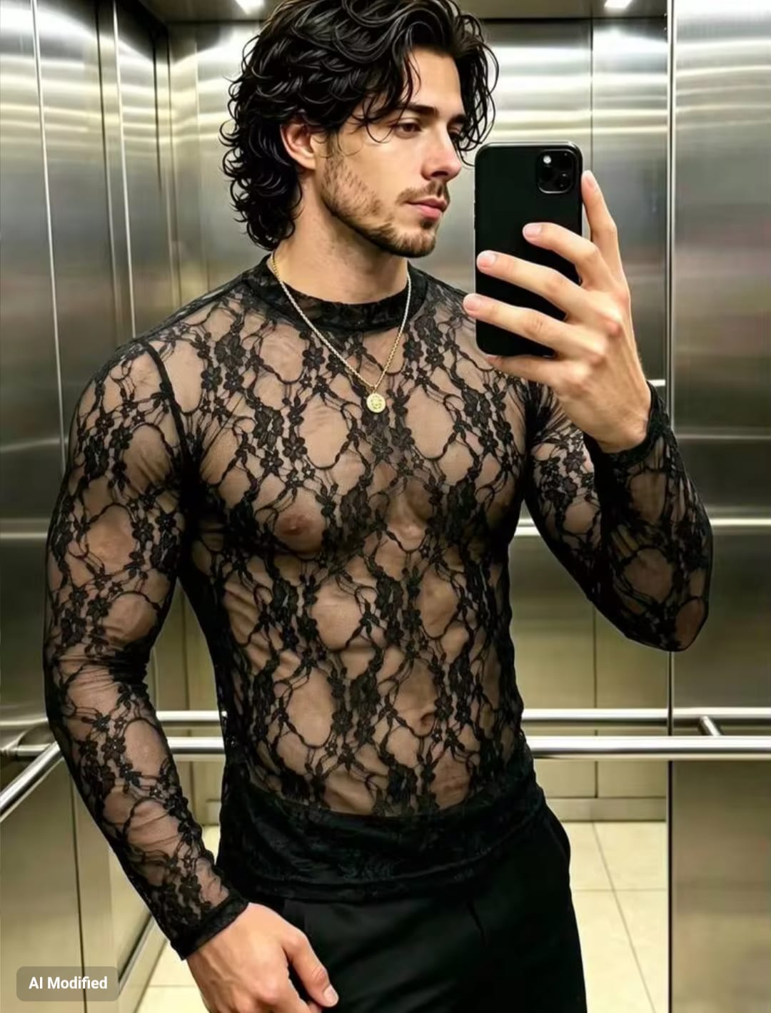 Men's High-Stretch Sheer Floral Lace Crewneck Long Sleeve Fitted T-Shirt